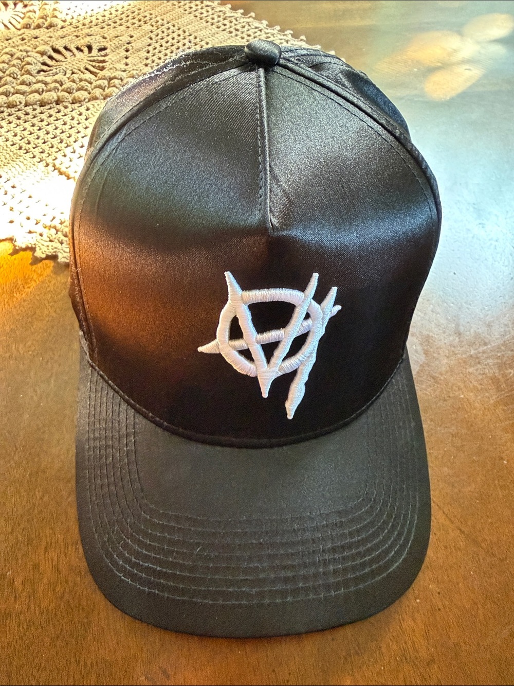 Black Satin Baseball Cap with White Embroidered Logo - Men's Hat